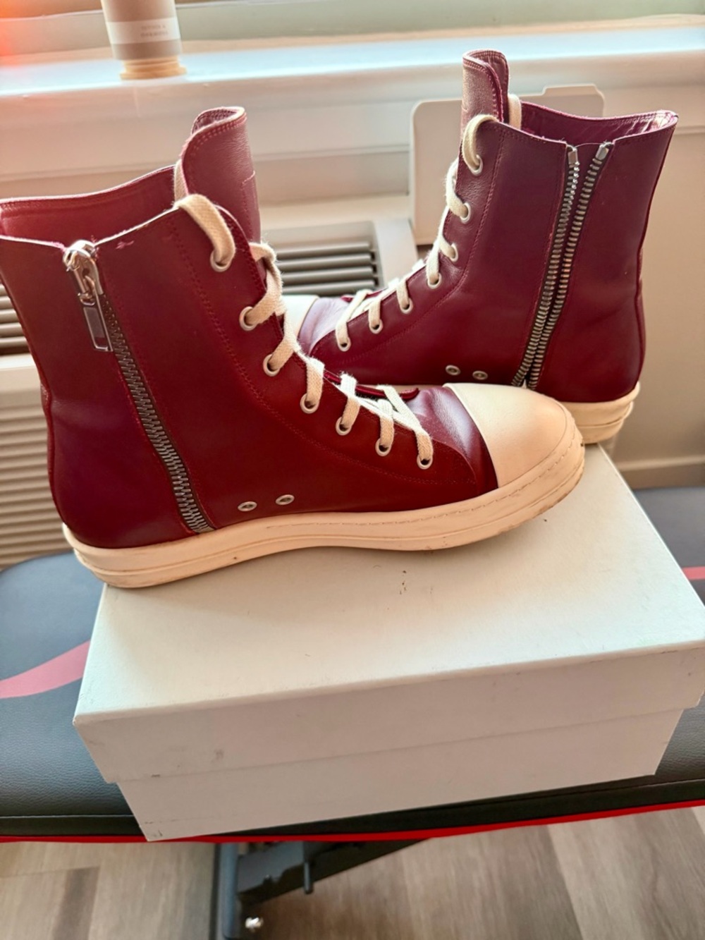 High-Top Rick Owen’s “Ramone” Sneakers in Burgundy